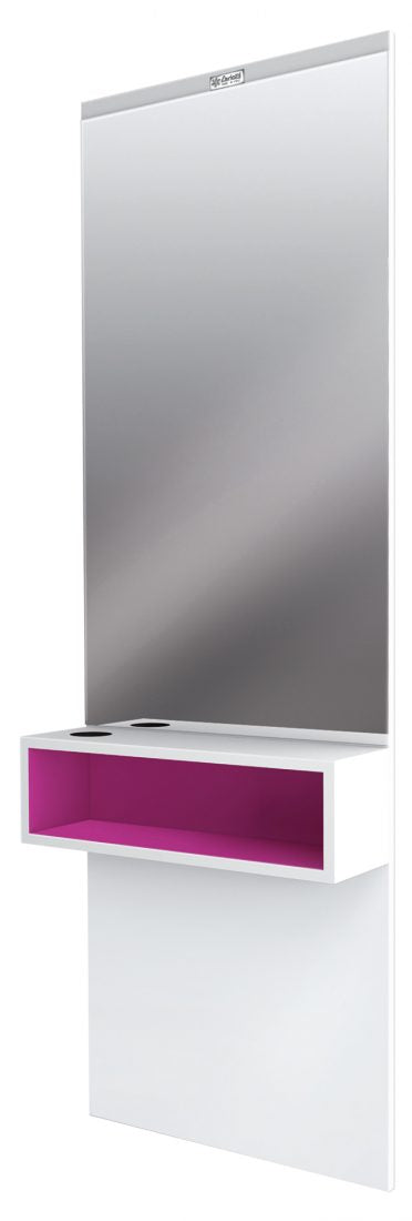 Specchio parrucchiere City Ceriotti con struttura in laminato di vari colori. Dotato di vano a giorno e porta phon integrato.