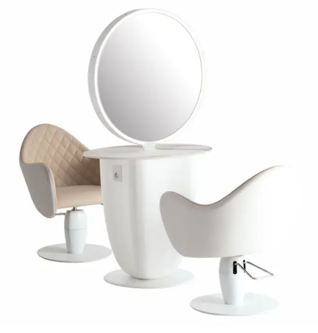 La postazione Minuetto è infatti la nuova soluzione ideale per saloni parrucchiere eleganti e funzionali perché consente di avere 2 postazioni in una che condividono un unico piano d'appoggio.