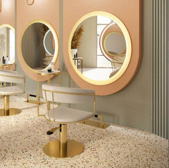 Specchiera tonda POSH una postazione circolare a muro effetto oro con illuminazioni dal diametro di 120 cm