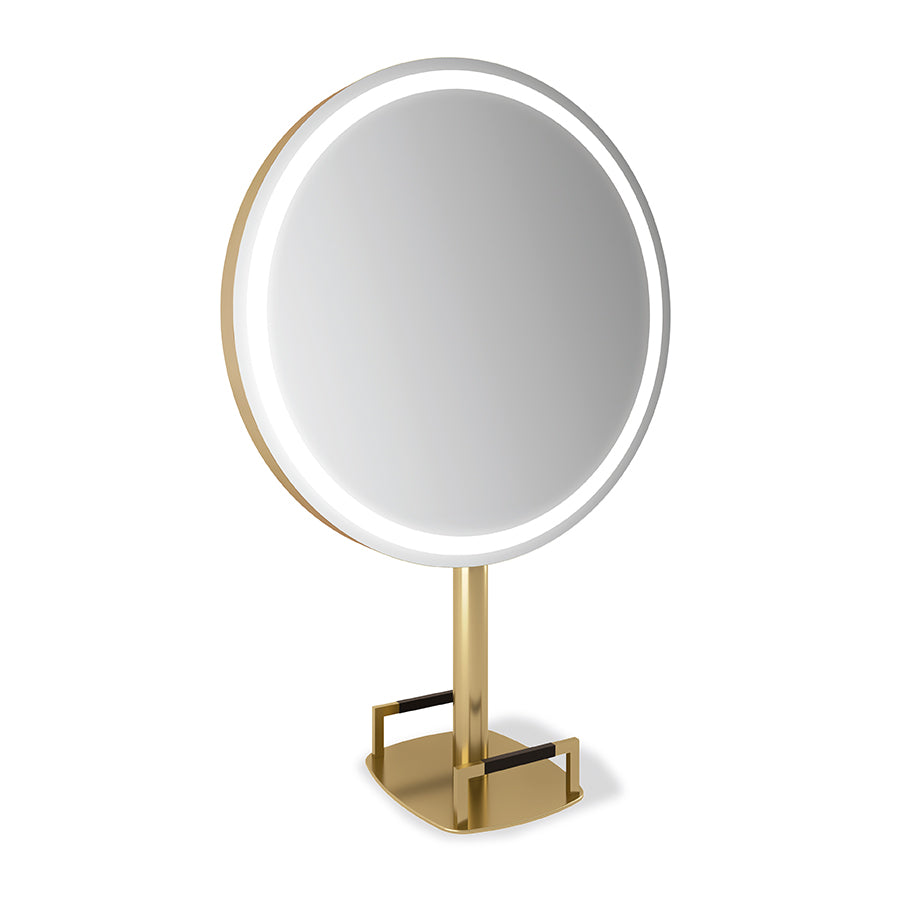 Specchiera tonda doppia POSH una postazione circolare a muro effetto oro con illuminazioni dal diametro di 120 cm
