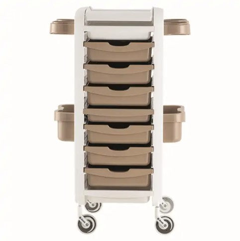Carrello tecnico per parrucchieri Elogy Ceriotti con sei cassetti estraibili, vani contenitori e sportelli superiori apribili.