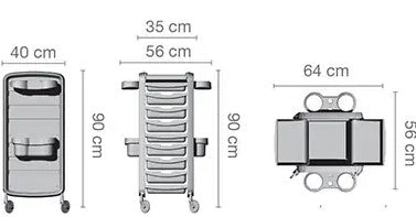 Carrello tecnico per parrucchieri Elogy Ceriotti con sei cassetti estraibili, vani contenitori e sportelli superiori apribili.