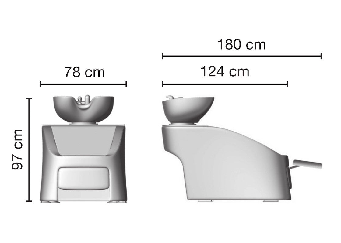 Lavatesta parrucchieri EMOTION Ceriotti con piano in vetro e un lavabo in ceramica oscillante ma con snodo regolabile.