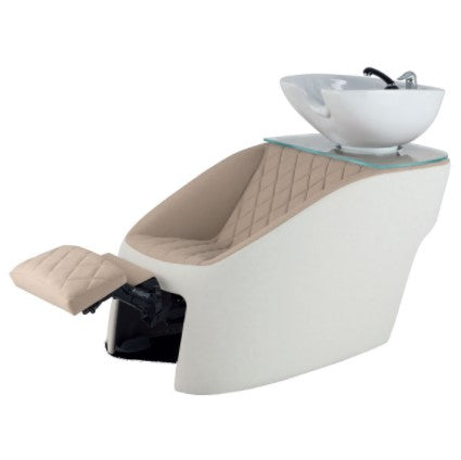 Lavatesta parrucchieri EMOTION Ceriotti con piano in vetro e un lavabo in ceramica oscillante ma con snodo regolabile.