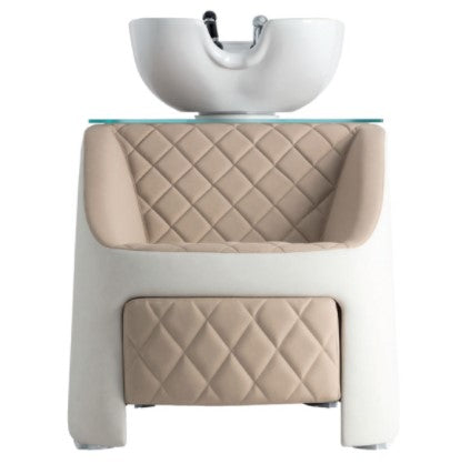 Lavatesta parrucchieri EMOTION Ceriotti con piano in vetro e un lavabo in ceramica oscillante ma con snodo regolabile.