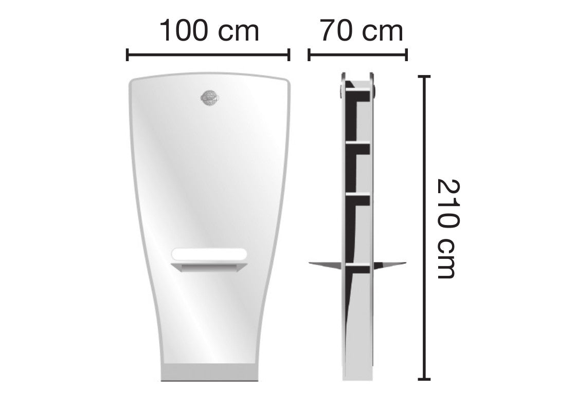 Lo specchio FLUT DB della Ceriotti struttura in nobilitato bianco completa di vani a giorno e piano in alluminio pressofuso