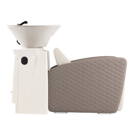 Lavatesta Hiro Ceriotti in poliuretano schiumato con inserti in legno e metallo. Struttura in vetroresina bianco.