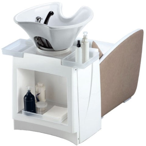 Lavatesta Hiro Ceriotti in poliuretano schiumato con inserti in legno e metallo. Struttura in vetroresina bianco.