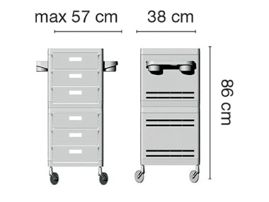 Il carrello da parrucchieri ICE della Ceriotti è a a colonna, con possibilità di sei cassetti tutti scorrevoli e intercambiabili.