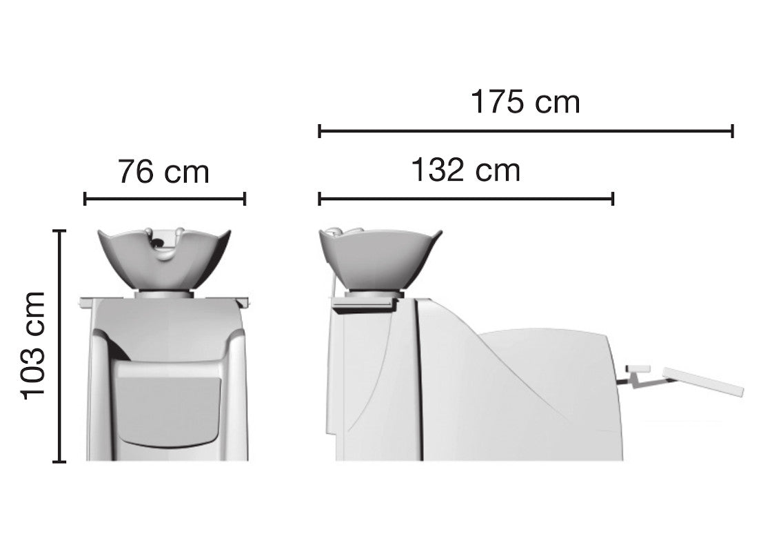 Lavatesta parrucchieri Soft Ceriotti con struttura in vetroresina bianco, lavabo in ceramica oscillante con snodo regolabile.