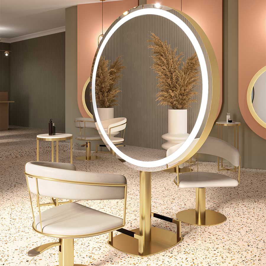 Specchiera tonda doppia POSH una postazione circolare a muro effetto oro con illuminazioni dal diametro di 120 cm 