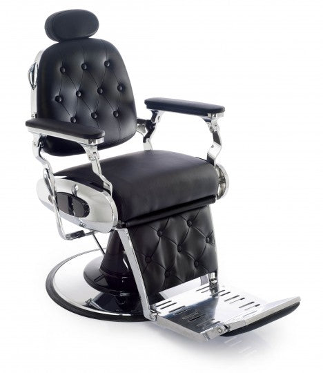La poltrona barber ELIZABETH della MUSTER è una poltrona uomo completa di base e poggiapiedi, pompa idraulica e freno di rotazione