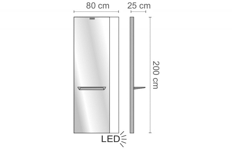 Specchio LIGHT Ceriotti con struttura in nobilitato bianco, piano in alluminio, banda laterale metacrilato bianco, retroilluminazione a LED.