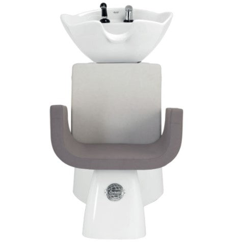 Lavatesta parrucchieri FIBER GAIA Ceriotti con telaio in vetroresina bianco, lavabo in ceramica oscillante ma con snodo regolabile.