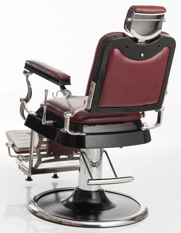 La poltrona da barbiere JOSEPHINE della MUSTER è in Vintage Style con schienale reclinabile e Il suo rivestimento in ecopelle.